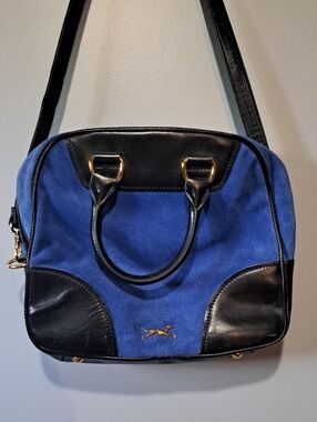Vintage Bimba & Lola Structured Royal Blue Suede Shoulder Bag with Black Trim